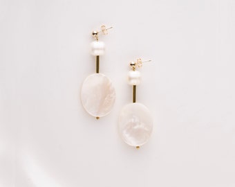 Bridal mother-of-pearl oval drop earrings, semi-precious pearl dangle earrings, 14 k gold filled MOP earrings