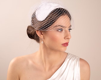 Tocado de gorra de boda con jaula de pájaros, gorra de encaje con velo de inspiración vintage, sombrero de boda estilo medio sombrero de la década de 1950