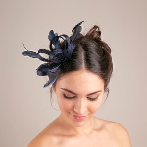 Navy fascinator with feathers, wedding invitee headpiece, millinery bridesmaids accessory, mother-of-bride feather headpiece image 2