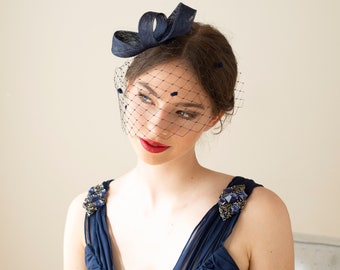 Navy bow fascinator with dotted veil, women millinery fascinator in navy, wedding guest headpiece with dotted birdcage