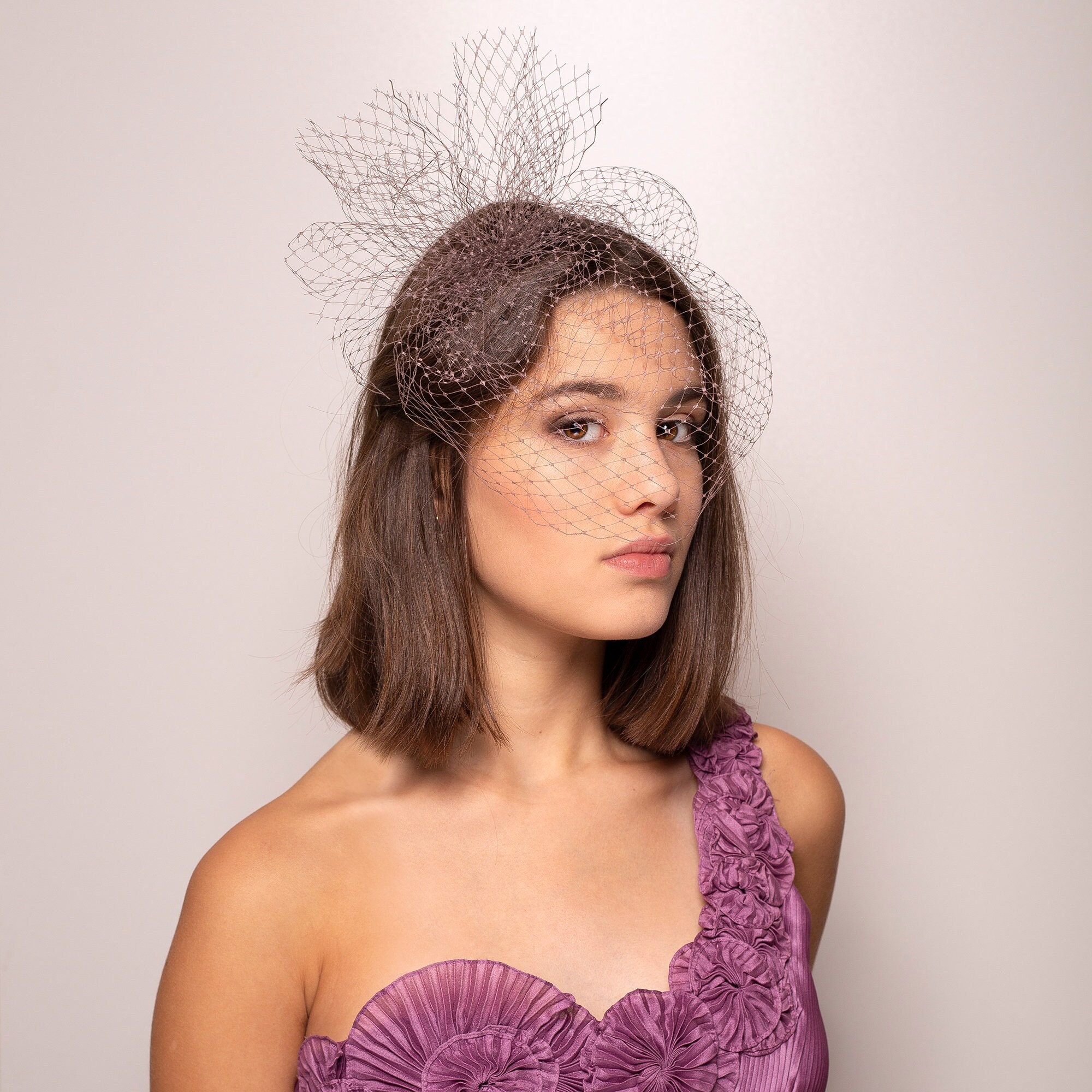 Taupe birdcage veil with pouf, taupe bridesmaid birdcage on a hair comb, taupe wedding french veil