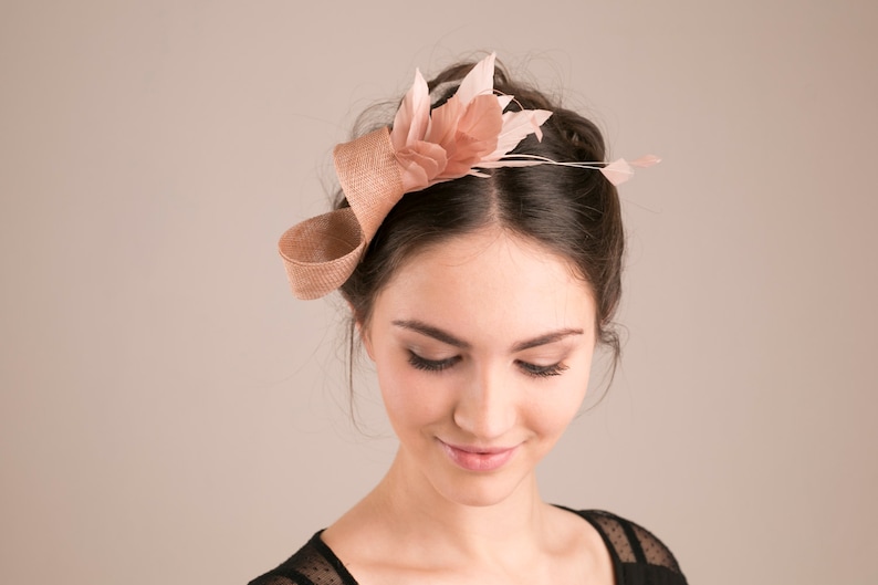 Almond beige feather fascinator, feather headpiece, women fascinator, feminine bridal headpiece image 2