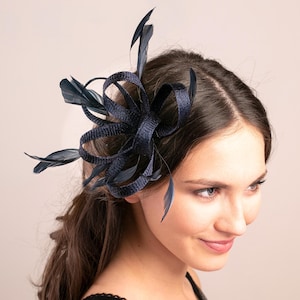 Formal headpiece for elegant mum, wedding guest fascinator in navy, mother-of-bride headpiece occasion hair accessory feather fascinator