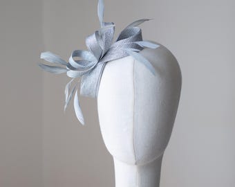 Metallic Silver Bow Fascinator: Feather Wedding Headpiece for Formal Events, Wedding Guests, Ball Gown