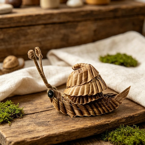 Handwoven Grass Snail, Handmade Miniature Animal, Rustic Woven Craft, Eco-Friendly Table Decor, Boho Home Accent, Natural Collectible,