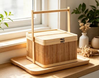 Handgemachter Bambus Picknickkorb mit Griff | Bambus flechten mit heilender Energie & sanftem Segen | Rustikale Aufbewahrung, Lunchkorb, Geschenkidee