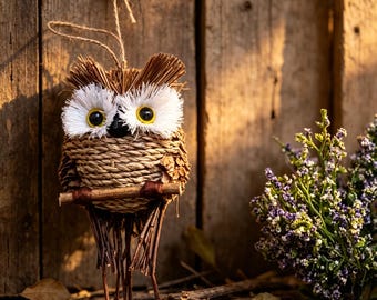 Handmade Woven Grass Owl Ornament, Rustic Mini Owl Sculpture, Nature-Inspired Home Décor, Woodland Charm, Eco-Friendly Gift