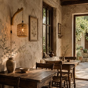 May include: A wall-mounted light fitting featuring a curved wooden arm and a cylindrical woven rattan lampshade. The lamp emits a warm glow, illuminating a rustic wooden table, a ceramic vase with branches, and a small bowl in a textured room.