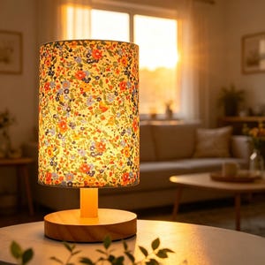 May include: A table lamp with a floral patterned shade, set on a wooden base. The shade displays a pattern of red, orange, blue, and yellow flowers on a cream background. The lamp is on a white table.
