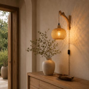 May include: A woven rattan pendant light with a wooden arm attached to a wall. The light has a spherical shape and hangs above a wooden cabinet. A vase with greenery and a wooden bowl are on the cabinet.