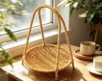 Handgewebter Bambuskorb mit Griff, Minimalistischer Weidenorganizer, Aufbewahrungsschale für heilende Energie, skandinavisches Dekor, natürliches Geschenk für zu Hause