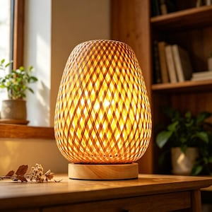 May include: A woven bamboo table lamp with a warm, inviting glow. The lamp has a teardrop shape and sits on a round wooden base. The lamp's shade is made of woven bamboo, creating a lattice pattern. The lamp is on a wooden table.
