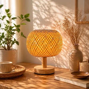 May include: A table lamp featuring a spherical shade constructed from woven light brown bamboo strips. The lamp has a cylindrical wooden stem and a circular wooden base, emitting a warm, diffused glow through the intricate lattice pattern.