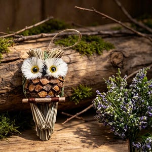 May include: A handcrafted owl ornament made from pinecones, straw, and natural materials. The owl has large, yellow-eyed, white feathery accents, and a brown perch. A rustic, decorative item for home decor or seasonal displays.