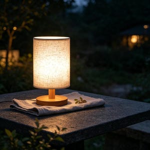 May include: A small, cylindrical table lamp with a linen shade and a wooden base. The lamp is turned on, emitting a warm, soft glow. The lamp sits on a dark gray table, with a white cloth underneath. The background is blurred, with greenery.