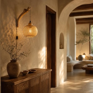 May include: A wall-mounted light fixture featuring a curved wooden arm and a spherical, woven bamboo lampshade. The light emits a warm glow, casting intricate, patterned shadows against the textured, light-colored wall surface.