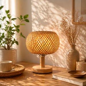 May include: A woven rattan table lamp with a round shade and wooden base. The lamp emits a warm glow, casting shadows on the surrounding surface. The lamp is on a wooden table, with a cup, tray, and vase in the background.