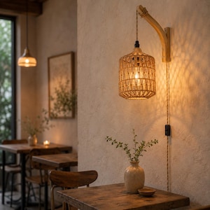 May include: A woven rattan pendant light fixture with a warm, inviting glow. The light hangs from a wooden arm attached to a textured wall. The scene includes wooden tables and chairs, suggesting a cozy cafe or dining area.