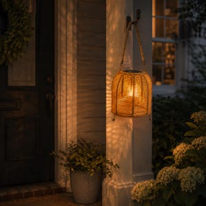 May include: A solar-powered outdoor lantern made of woven rattan, emitting a warm light. The lantern hangs from a rope handle attached to a hook on a white column. The design suggests a focus on sustainable energy and outdoor decor.