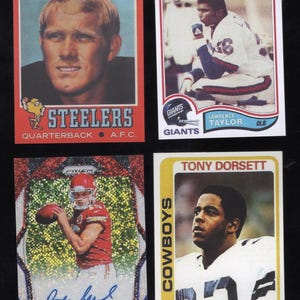 May include: Four rectangular sports trading cards featuring football players. Top left: Terry Bradshaw, Steelers quarterback. Top right: Lawrence Taylor, Giants linebacker. Bottom left: Patrick Mahomes II, Chiefs, with a signature. Bottom right: Tony Dorsett, Cowboys.
