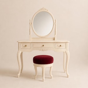 French Ivory Makeup Vanity Set with Mirror & Velvet Stool
