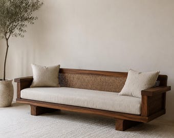 Luxury Minimalist Walnut Wooden Cane Sofa | Boutique Designer 3 Seater