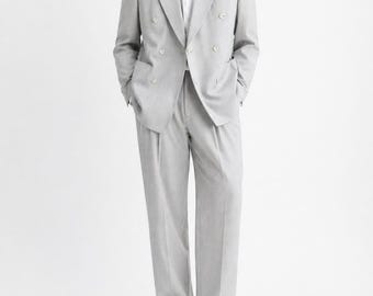 Men’s Light Grey Relaxed Fit Suit, Double Breasted Suit
