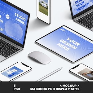May include: A mockup display set featuring a laptop, tablet, and smartphones with blue and white designs. A white mouse and stylus are also present. The text on the devices reads "DESIGN YOUR MOCKUP" and "YOUR DESIGN HERE". The bottom of the image has the text "5 PSD MACBOOK PRO DISPLAY SET2".