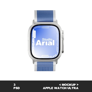 May include: Silver Apple Watch Ultra with a blue and white striped strap. The watch face shows the text "Studio Arial" on a blue background. The watch is a mockup.