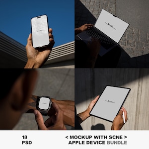May include: A mockup bundle featuring an iPhone, laptop, smartwatch, and tablet with blank screens. The devices are held by hands, showcasing the screens against a blue sky and a textured surface. The text "18 PSD" and "APPLE DEVICE BUNDLE" is visible.