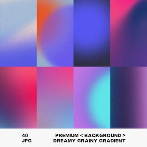 Può includere: Otto sfondi sfumati astratti in tonalità di blu, arancione, rosa e viola. L'immagine ha una trama granulosa e include il testo "PREMIUM < BACKGROUND > DREAMY GRAINY GRADIENT" e "40 JPG".