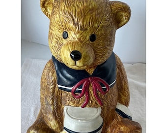 T-H-T Vintage 1994 Teddy Bear Cookie Jar Sailor Collar Ceramic Brown Large 11in