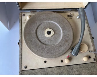 Symphonic Vintage Record Player Portable Model 1210 Tan Striped Case Mid-Century