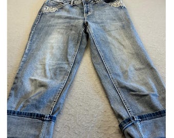Earl Jean Y2K Cropped Denim Pants Embroidered Sequin Cuffed Capris Blue Womens