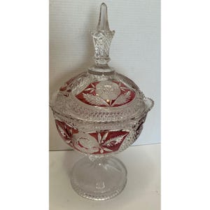 Vintage Cut to Clear Ruby Red Glass Pedestal Candy Dish Rose Design