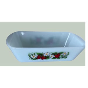 Glasbake Vintage Loaf Pan Strawberry Milk Glass Rectangular Baker White USA