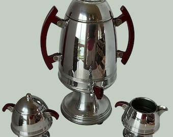 Vintage Art Deco Chrome Coffee Urn Set Red Bakelite Handles Sugar Creamer Works