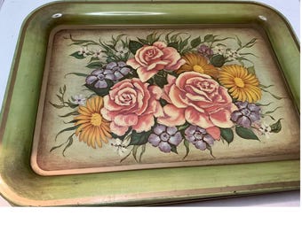 Vintage Metal Set Of 6 Serving Trays Floral Rose Daisy Green Large 17in Retro