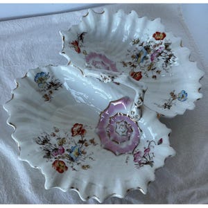 Vintage Porcelain Double Shell Serving Dish Floral Gold Gilt Large