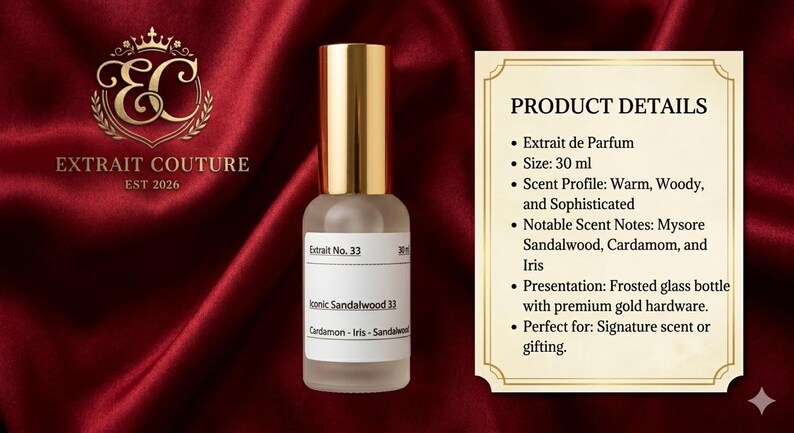 May include: A 30 ml frosted glass perfume bottle with a gold cap, labeled Extrait No. 33 Iconic Sandalwood 33. Beside it, a product details card lists Extrait de Parfum, 30 ml size, and scent notes of Mysore Sandalwood, Cardamom, and Iris.