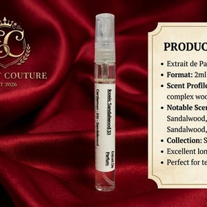 May include: A 2ml glass sample vial of Extrait Couture Konic Sandalwood 33 Extrait de Parfum. The label lists Cardamom, Iris, and Sandalwood. A text box details the product as a deep, warm, complex wood scent with Mysore and Australian Sandalwood.