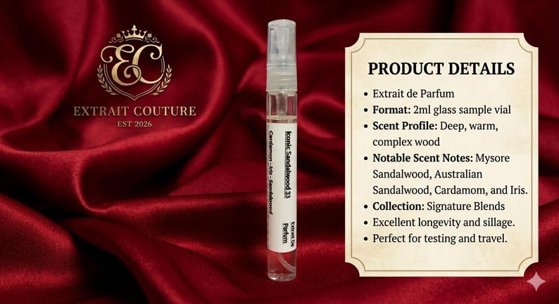 May include: A 2ml glass sample vial of Extrait Couture Konic Sandalwood 33 Extrait de Parfum. The label lists Cardamom, Iris, and Sandalwood. A text box details the product as a deep, warm, complex wood scent with Mysore and Australian Sandalwood.