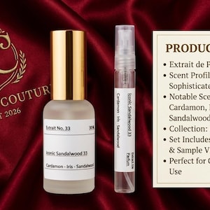 May include: A 30ml frosted glass perfume bottle with a gold cap and a clear sample vial, both labeled Iconic Sandalwood 33. A text box lists product details including Extrait de Parfum, scent profile, and notes of Cardamon, Iris, and Mysore Sandalwood.