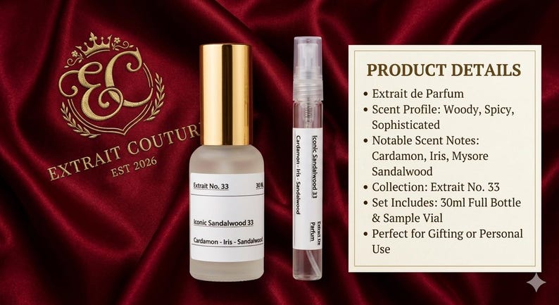 May include: A 30ml frosted glass perfume bottle with a gold cap and a clear sample vial, both labeled Iconic Sandalwood 33. A text box lists product details including Extrait de Parfum, scent profile, and notes of Cardamon, Iris, and Mysore Sandalwood.