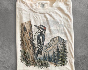 Wildlife Woodpecker Bird Graphic Tee, Forest Nature Mountain Shirt, Rustic Outdoor Birdwatching Top, Comfort Colors® Gift Tee