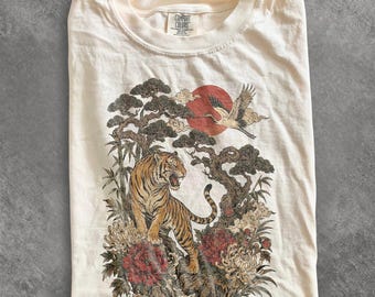 Vintage Japanese Tiger Graphic Tee, Floral Asian Art Animal Shirt, Retro Samurai Nature Style Top, Comfort Colors® Tiger Gift Tee