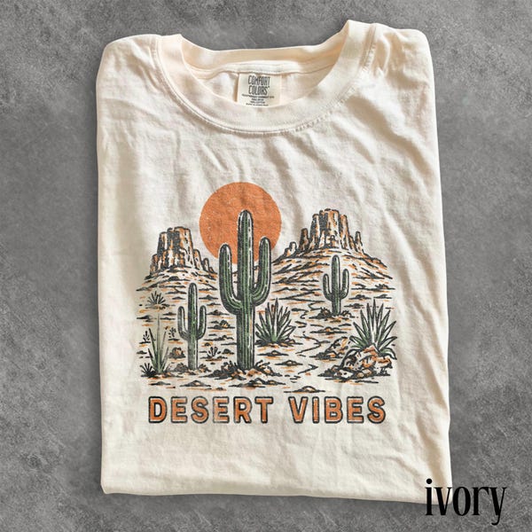 Vintage Desert Vibes Cactus Graphic Tee, Southwest Western Landscape Shirt, Retro Boho Adventure Style Top, Comfort Colors® Nature Gift Tee