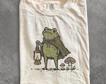 Retro Adventure Frog Graphic Tee, Woodland Fantasy Nature Shirt, Cottagecore Forest Explorer Style Top, Comfort Colors® Frog Gift Tee