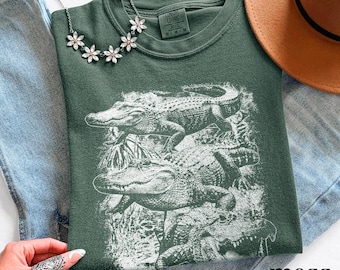 T-shirt med grafisk design för alligatorer och krokodiler, t-shirt med reptilmotiv, klassisk graverad djurstil, Comfort Colors®-gåva