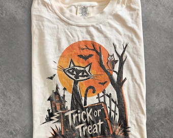 Black Cat Owl Tree Halloween Shirt, Trick Or Treat Graphic Tee, Vintage Haunted Night Sweatshirt, Comfort Colors® Fall Gift